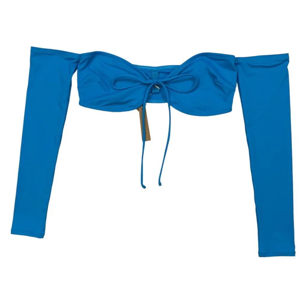 SKIMS Blue Off-Shoulder Long Sleeve Bikini Top